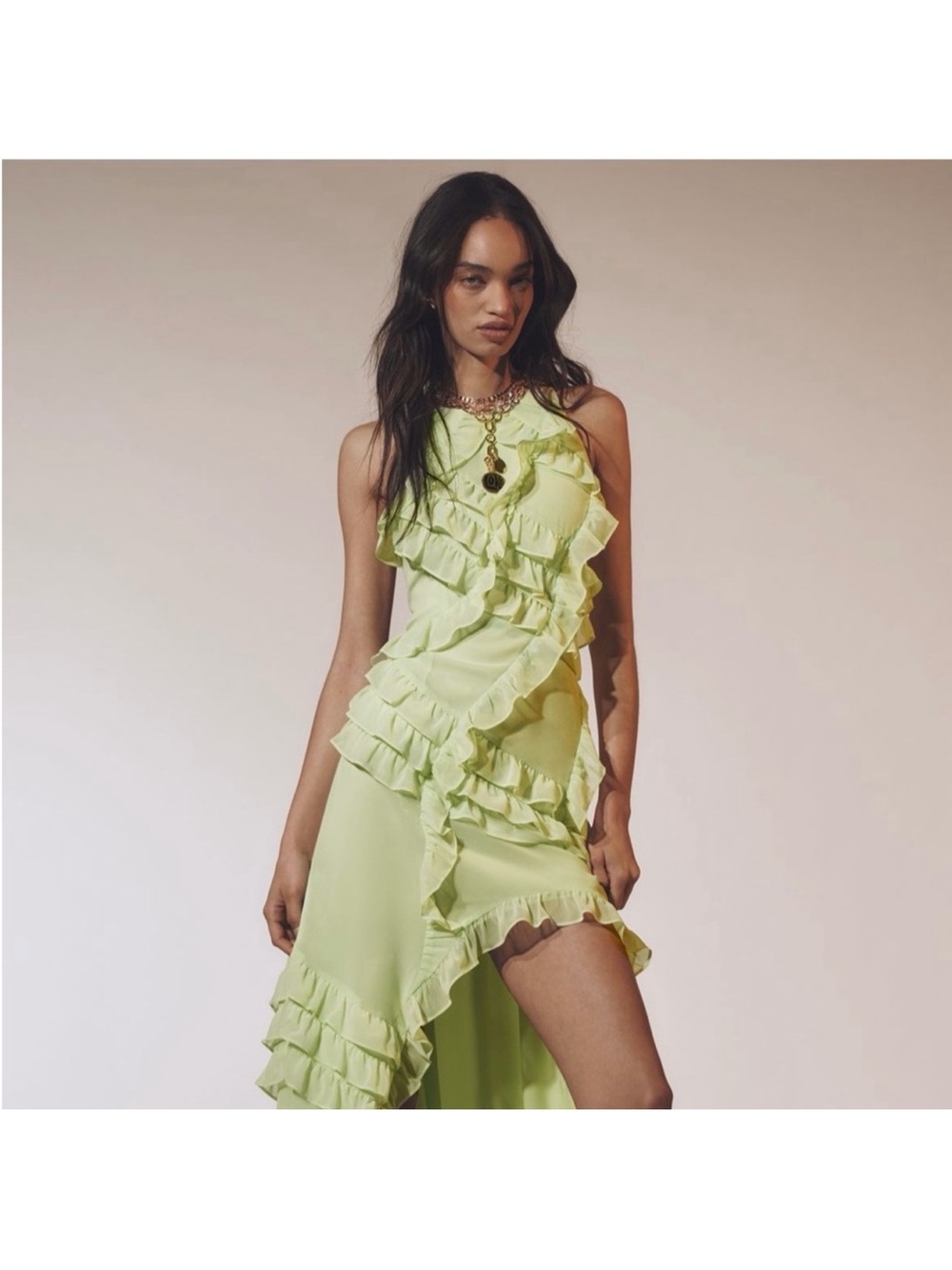 Hutch Lime Green Ruffled High-Low Dress